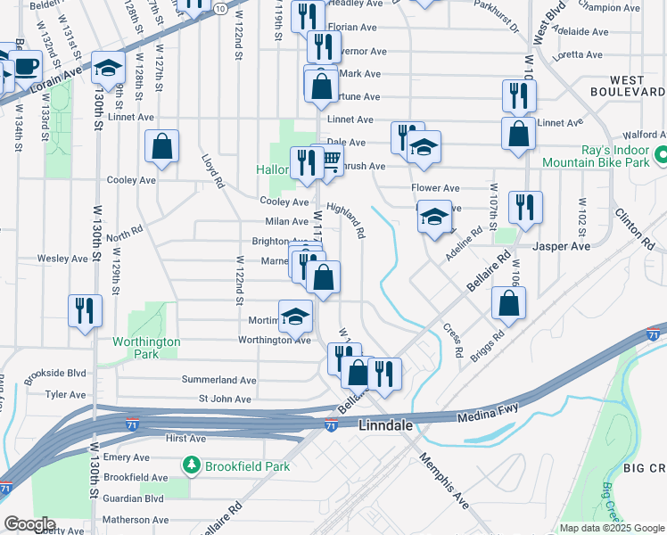 map of restaurants, bars, coffee shops, grocery stores, and more near 3726 W 116th St in Cleveland