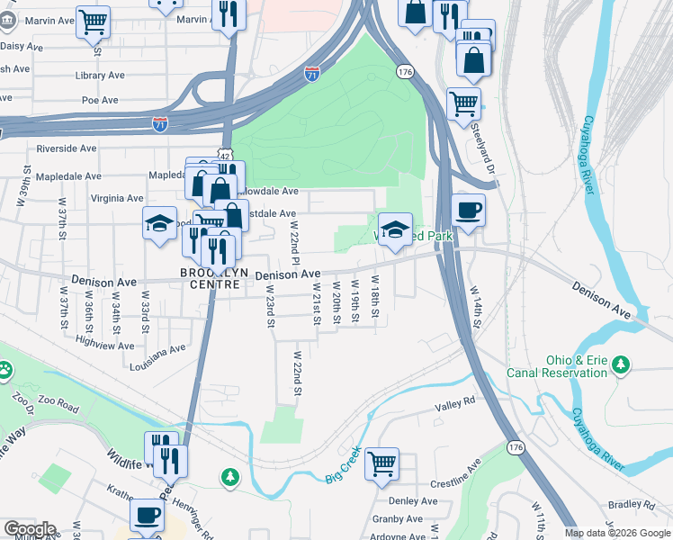 map of restaurants, bars, coffee shops, grocery stores, and more near 2000 Denison Avenue in Cleveland