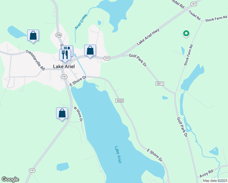 map of restaurants, bars, coffee shops, grocery stores, and more near 305 East Shore Drive in Lake Ariel