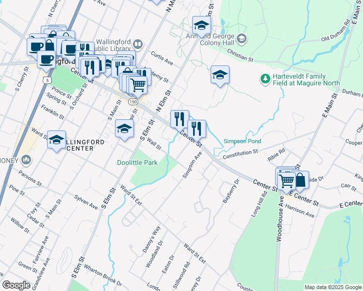 map of restaurants, bars, coffee shops, grocery stores, and more near 19 Pomeroy Avenue in Wallingford
