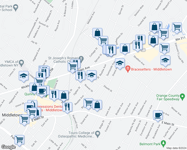 map of restaurants, bars, coffee shops, grocery stores, and more near 18 Harrison Street in Middletown