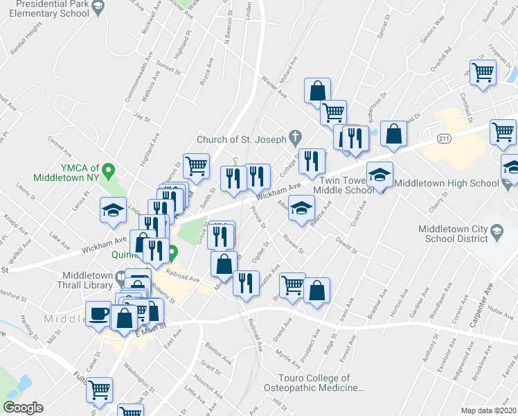 map of restaurants, bars, coffee shops, grocery stores, and more near 5 Prince Street in Middletown