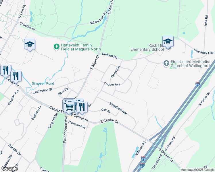 map of restaurants, bars, coffee shops, grocery stores, and more near 36 Cooper Avenue in Wallingford