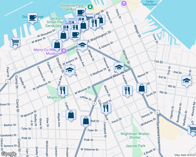 map of restaurants, bars, coffee shops, grocery stores, and more near 621 Wayne Street in Sandusky