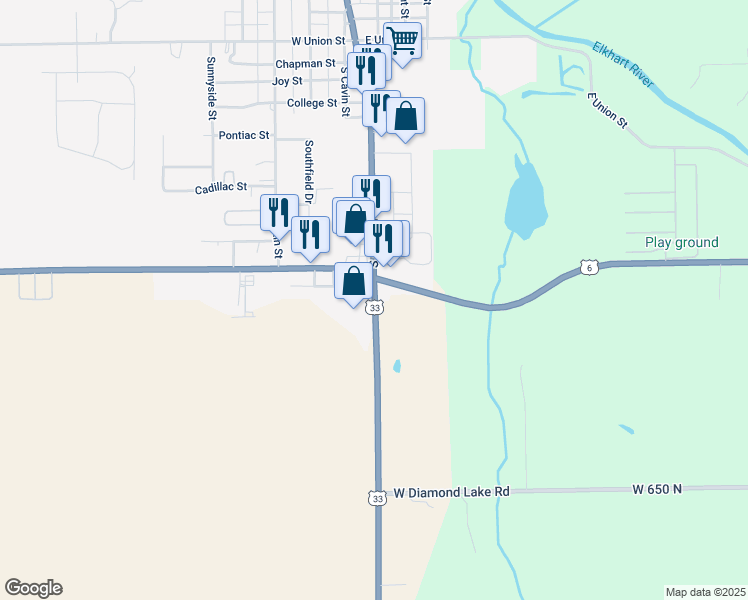 map of restaurants, bars, coffee shops, grocery stores, and more near 903 Lincolnway South in Ligonier