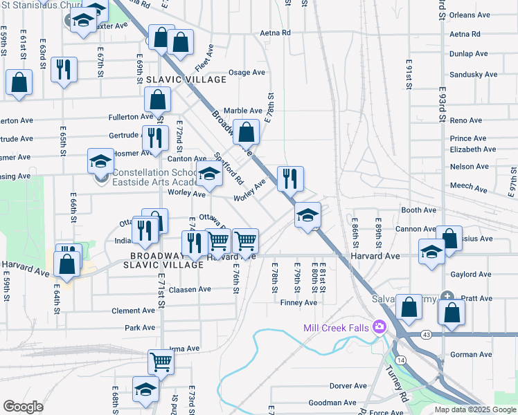 map of restaurants, bars, coffee shops, grocery stores, and more near 8008 Spafford Road in Cleveland