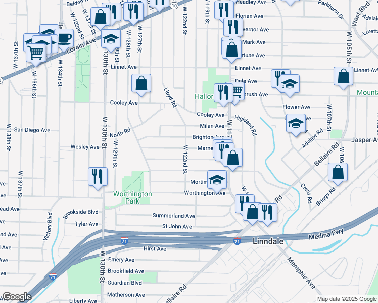 map of restaurants, bars, coffee shops, grocery stores, and more near 12109 Marne Avenue in Cleveland