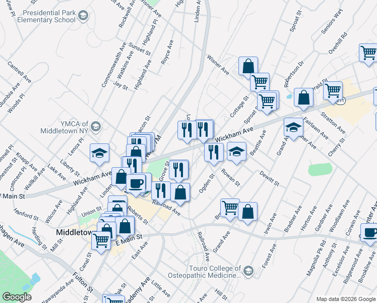 map of restaurants, bars, coffee shops, grocery stores, and more near 130-1/2 Wickham Avenue in Middletown