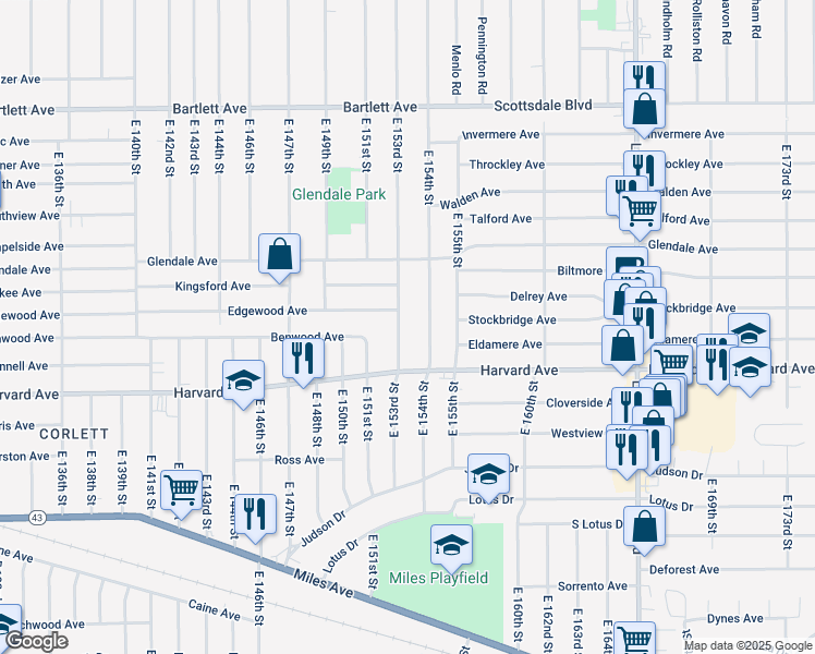map of restaurants, bars, coffee shops, grocery stores, and more near 3982 East 153rd Street in Cleveland