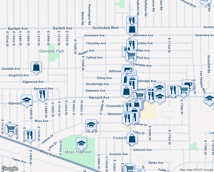 map of restaurants, bars, coffee shops, grocery stores, and more near 16102 Stockbridge Avenue in Cleveland