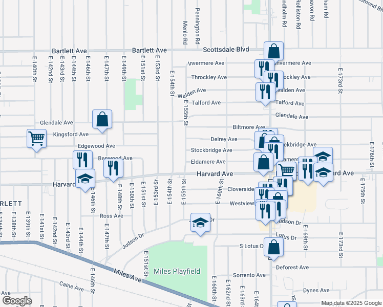 map of restaurants, bars, coffee shops, grocery stores, and more near 15510 Stockbridge Avenue in Cleveland