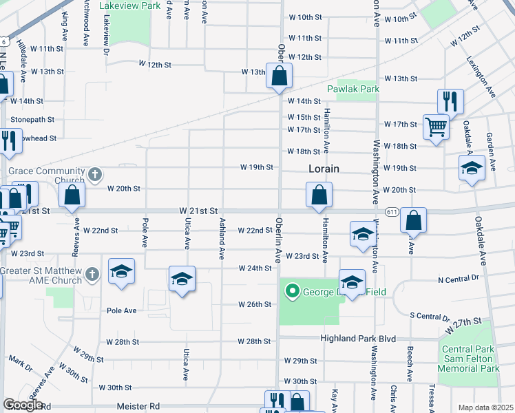 map of restaurants, bars, coffee shops, grocery stores, and more near 1226 West 21st Street in Lorain