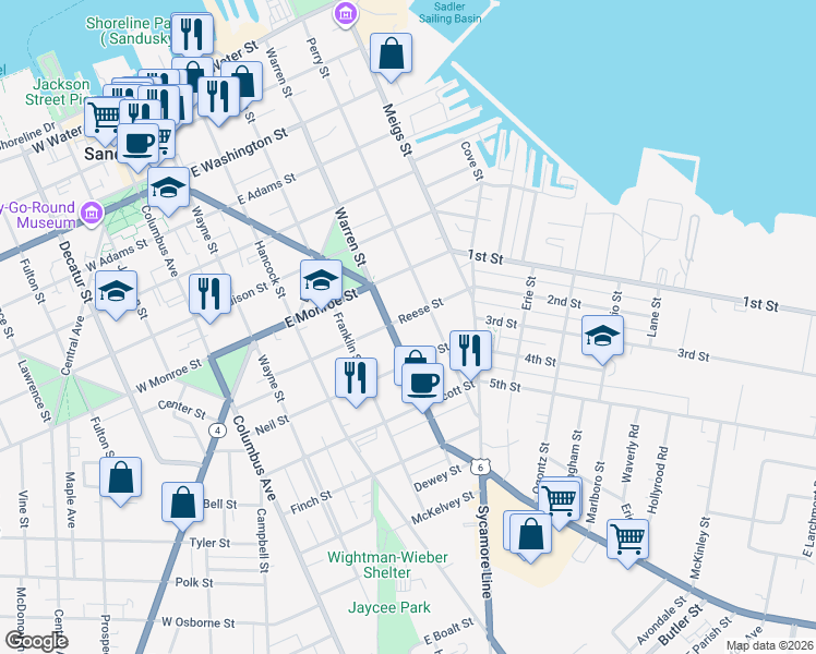 map of restaurants, bars, coffee shops, grocery stores, and more near 802 U.S. 6 in Sandusky