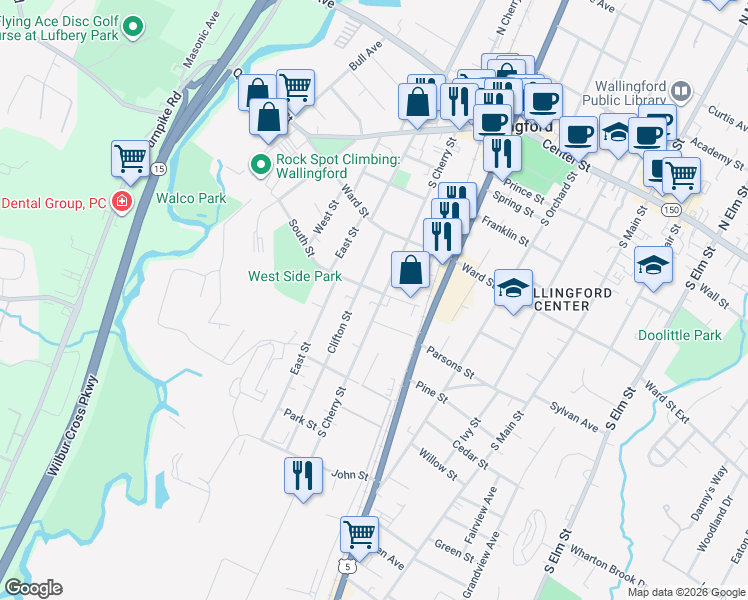 map of restaurants, bars, coffee shops, grocery stores, and more near 178 South Cherry Street in Wallingford