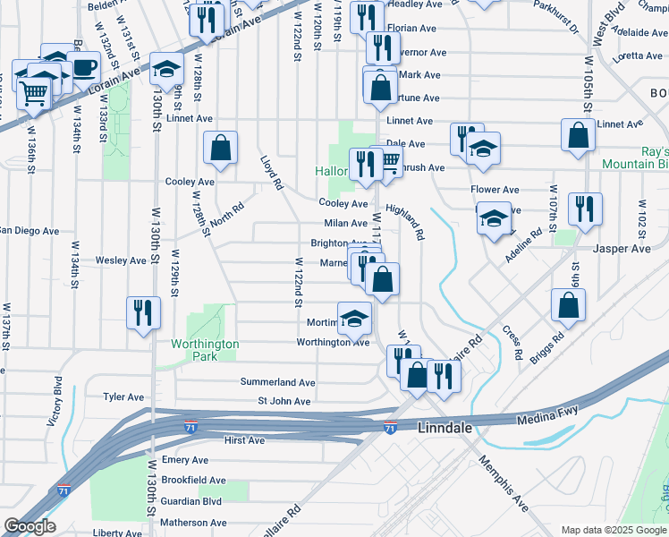 map of restaurants, bars, coffee shops, grocery stores, and more near 11911 Marne Avenue in Cleveland