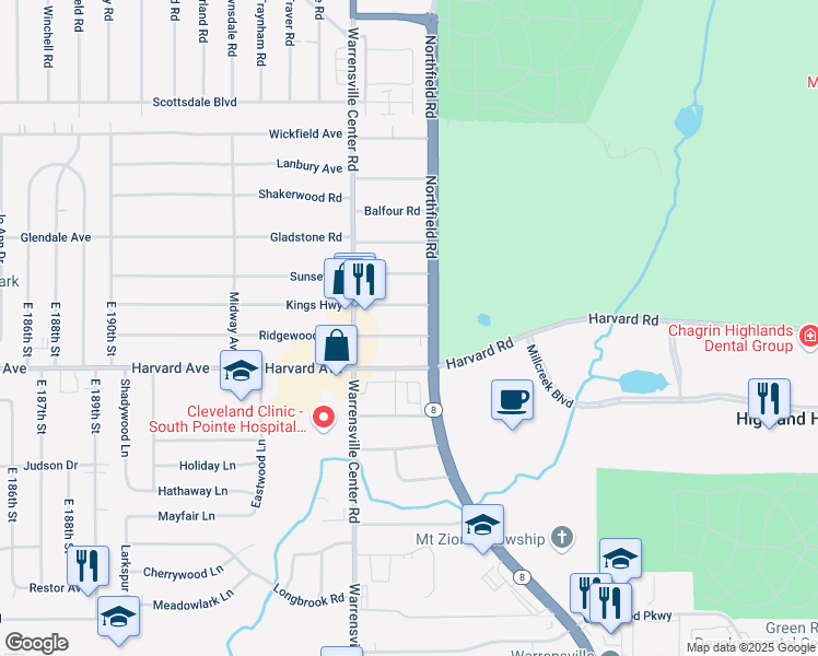 map of restaurants, bars, coffee shops, grocery stores, and more near 20615 East Ridgewood Avenue in Warrensville Heights