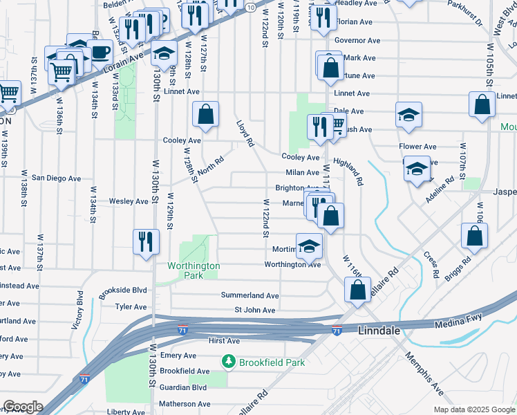 map of restaurants, bars, coffee shops, grocery stores, and more near 12209 Marne Avenue in Cleveland