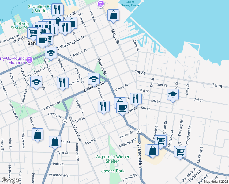 map of restaurants, bars, coffee shops, grocery stores, and more near 802 U.S. 6 in Sandusky