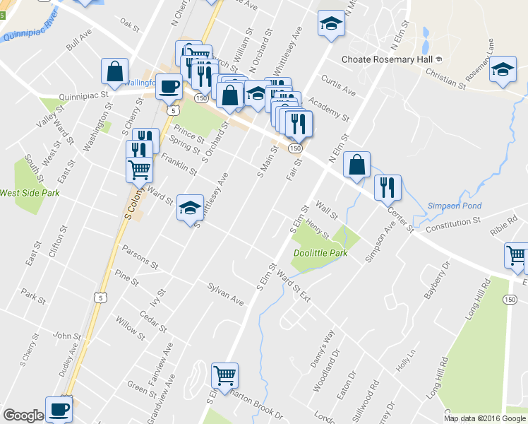 map of restaurants, bars, coffee shops, grocery stores, and more near 111 Fair Street in Wallingford