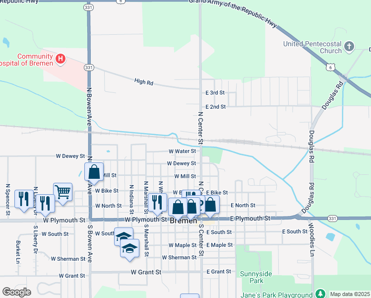 map of restaurants, bars, coffee shops, grocery stores, and more near 165 West Water Street in Bremen