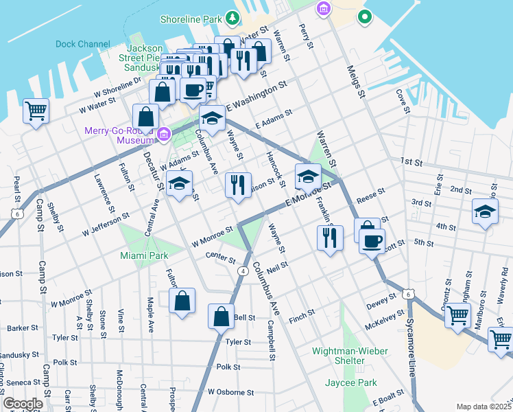map of restaurants, bars, coffee shops, grocery stores, and more near 621 Wayne Street in Sandusky