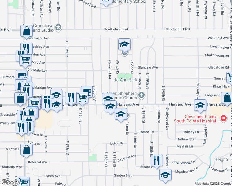 map of restaurants, bars, coffee shops, grocery stores, and more near 3984 Wendy Drive in Cleveland