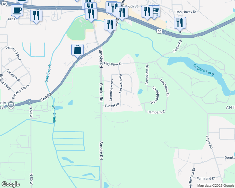 map of restaurants, bars, coffee shops, grocery stores, and more near Fairview Ave in Valparaiso