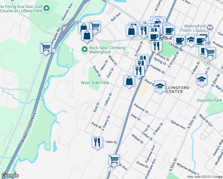 map of restaurants, bars, coffee shops, grocery stores, and more near 81 Clifton Street in Wallingford
