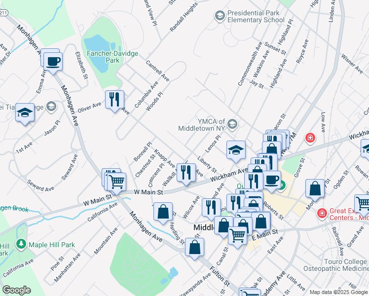 map of restaurants, bars, coffee shops, grocery stores, and more near 41 Liberty Street in Middletown