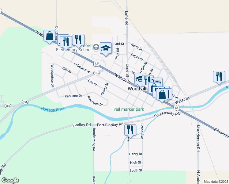 map of restaurants, bars, coffee shops, grocery stores, and more near 418 Erie Street in Woodville