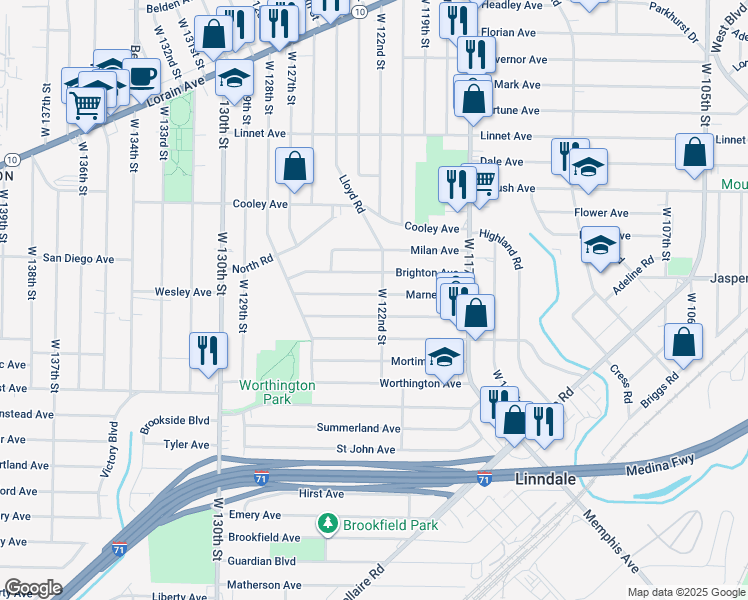 map of restaurants, bars, coffee shops, grocery stores, and more near 12109 Marne Avenue in Cleveland
