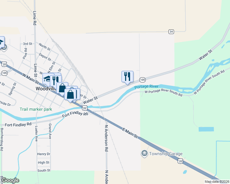 map of restaurants, bars, coffee shops, grocery stores, and more near 403 Water Street in Woodville