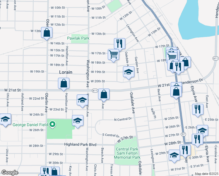 map of restaurants, bars, coffee shops, grocery stores, and more near 822 W 21st St in Lorain