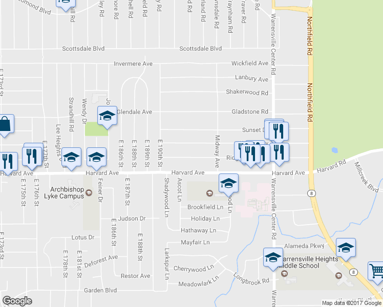 map of restaurants, bars, coffee shops, grocery stores, and more near 19403 Ridgewood Ave in Warrensville Heights