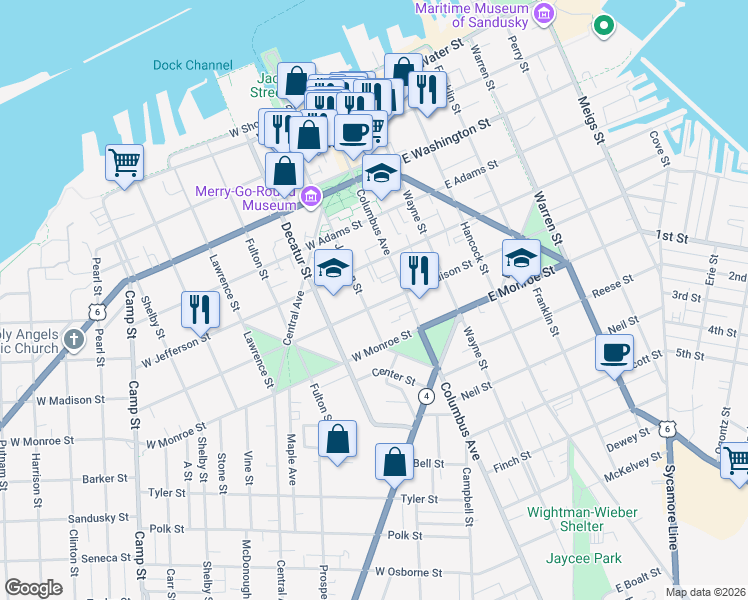 map of restaurants, bars, coffee shops, grocery stores, and more near 211 West Madison Street in Sandusky