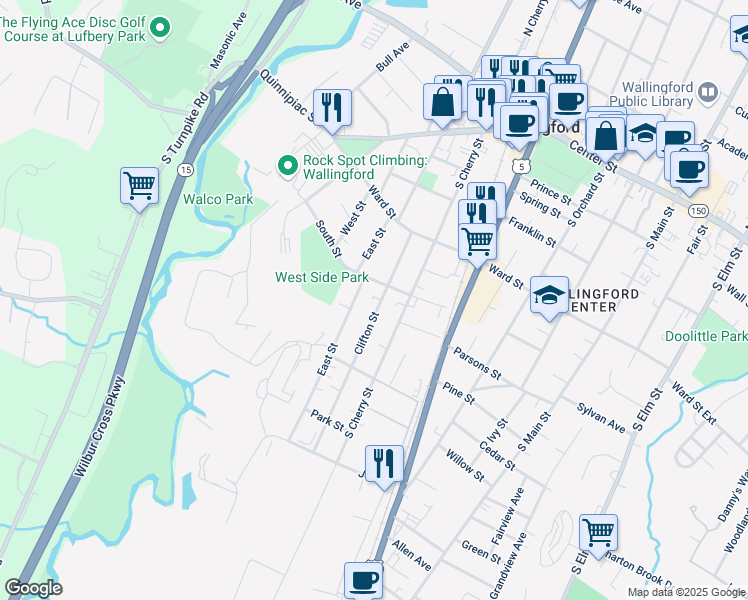 map of restaurants, bars, coffee shops, grocery stores, and more near 81 Clifton Street in Wallingford