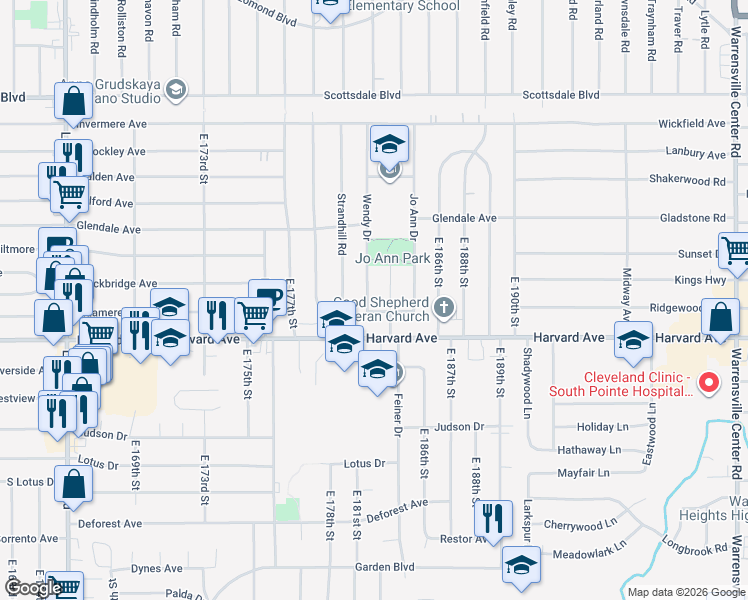 map of restaurants, bars, coffee shops, grocery stores, and more near 3984 Wendy Drive in Cleveland