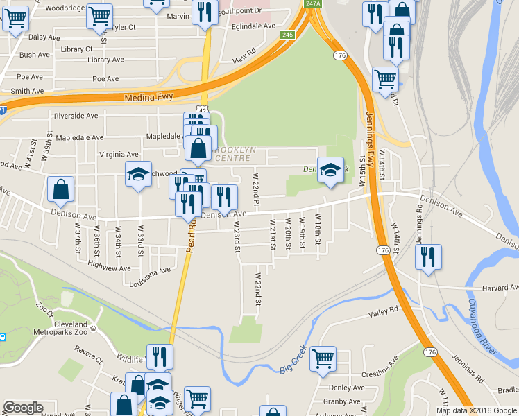 map of restaurants, bars, coffee shops, grocery stores, and more near 2114 Denison Avenue in Cleveland