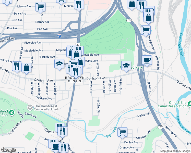 map of restaurants, bars, coffee shops, grocery stores, and more near 2230 Denison Avenue in Cleveland