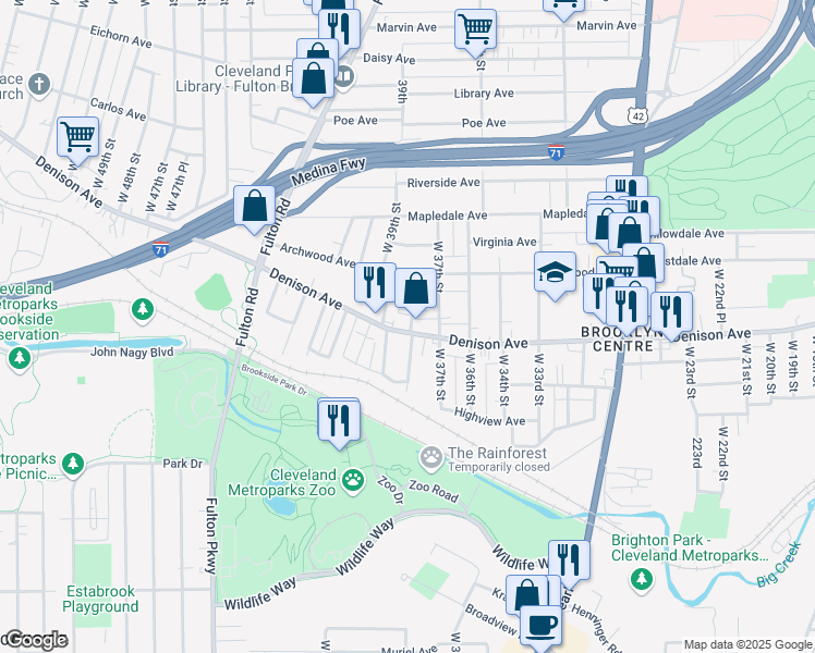 map of restaurants, bars, coffee shops, grocery stores, and more near in Cleveland
