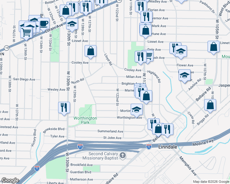 map of restaurants, bars, coffee shops, grocery stores, and more near 12109 Marne Avenue in Cleveland