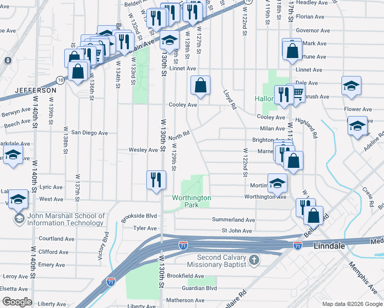 map of restaurants, bars, coffee shops, grocery stores, and more near 3742 West 128th Street in Cleveland