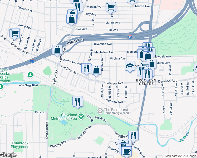 map of restaurants, bars, coffee shops, grocery stores, and more near 3712 Denison Avenue in Cleveland