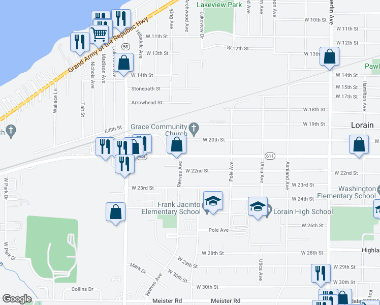 map of restaurants, bars, coffee shops, grocery stores, and more near 1916 West 21st Street in Lorain