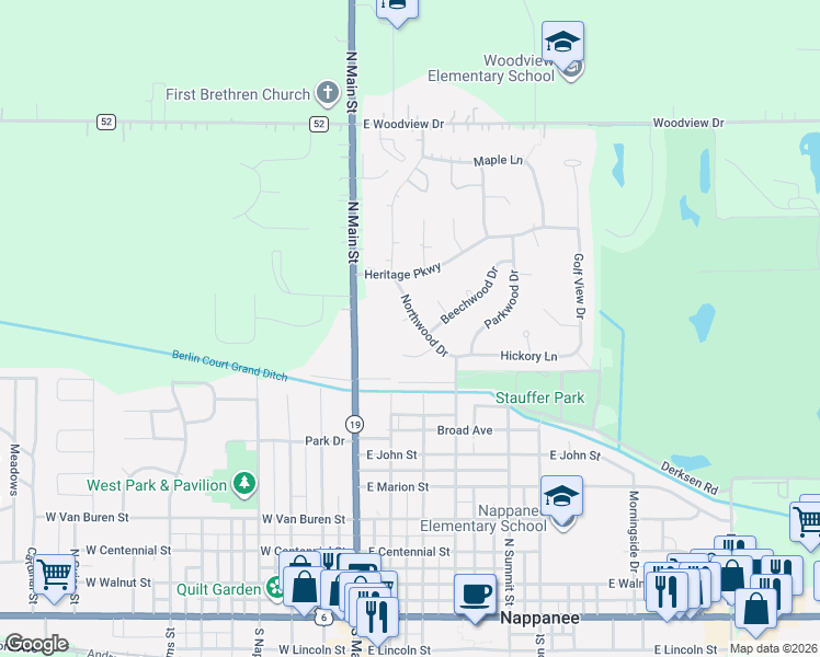 map of restaurants, bars, coffee shops, grocery stores, and more near 3 Arbor Court in Nappanee
