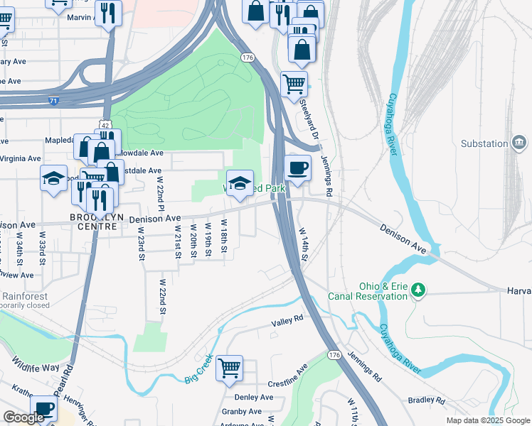 map of restaurants, bars, coffee shops, grocery stores, and more near 3854 West 15th Street in Cleveland