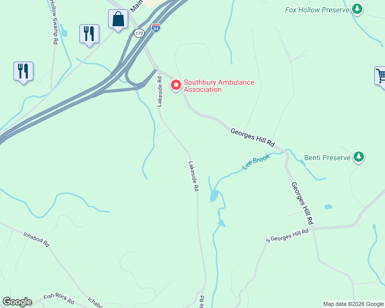 map of restaurants, bars, coffee shops, grocery stores, and more near 361 Lakeside Road in Southbury