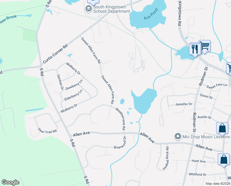 map of restaurants, bars, coffee shops, grocery stores, and more near 251 Sweet Allen Farm Road in South Kingstown