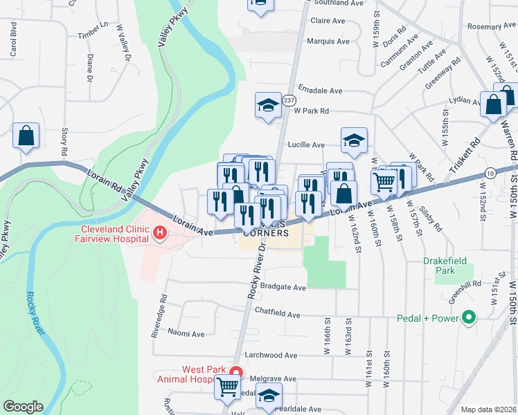 map of restaurants, bars, coffee shops, grocery stores, and more near 3786 Rocky River Drive in Cleveland