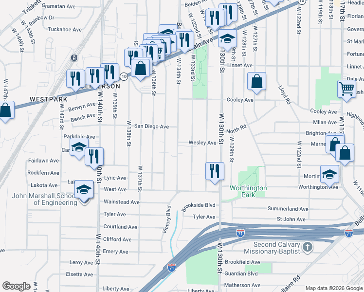 map of restaurants, bars, coffee shops, grocery stores, and more near 3797 West 134th Street in Cleveland